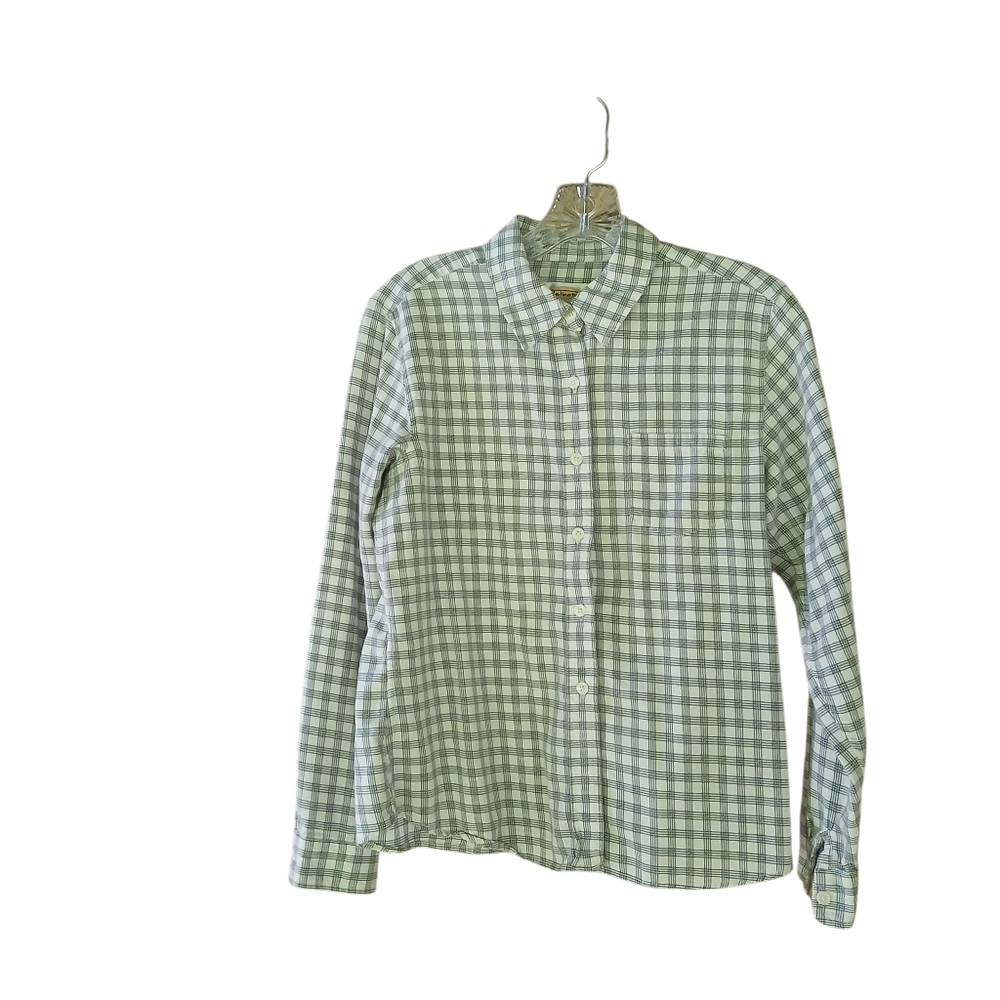 Talbots White & Gray Plaid Button Down Cotton Flannel Shirt Size SP